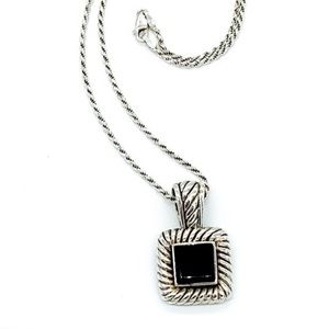 Vintage Sterling Silver Black Onyx Cable Twist Square Pendant Necklace 16"